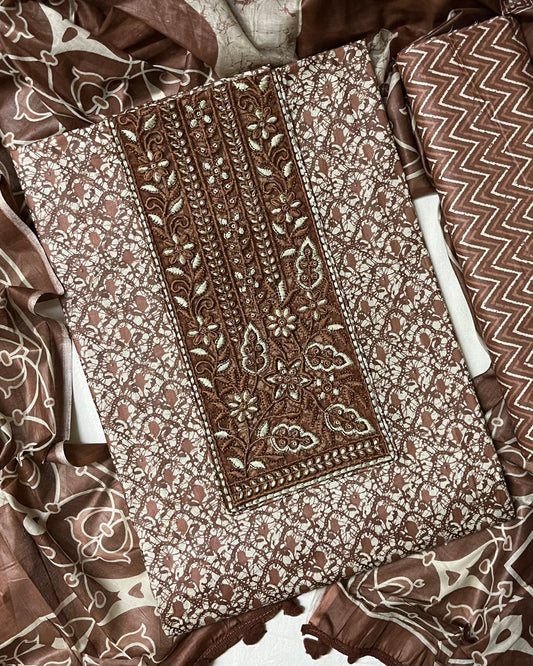 Sukoon Pure Cotton Suit Set with Embroidered Neck Patch - Coco Brown