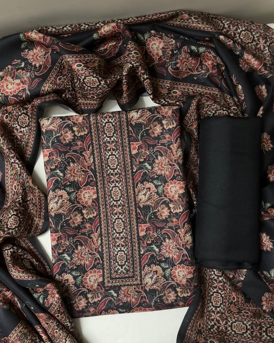 Raatrani Black Floral Digitally Printed Woolen Suit with Matching Stole