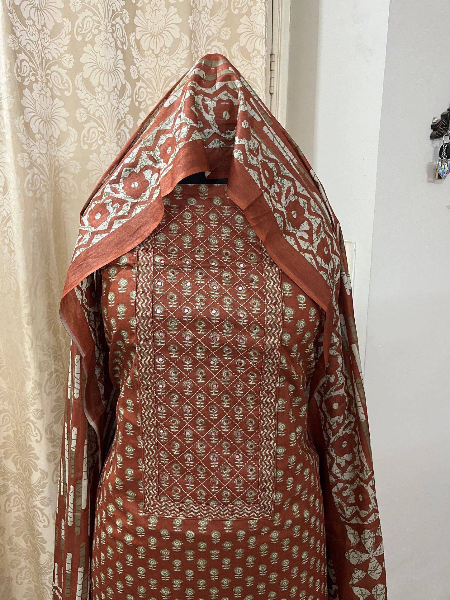 Paalki Pure Cotton Suit Set with Knot & Mirror Work Neck Patch - Rust