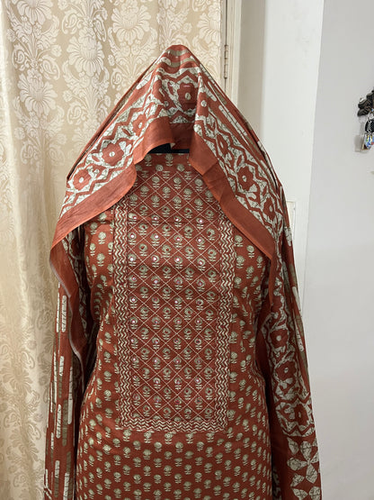 Paalki Pure Cotton Suit Set with Knot & Mirror Work Neck Patch - Rust