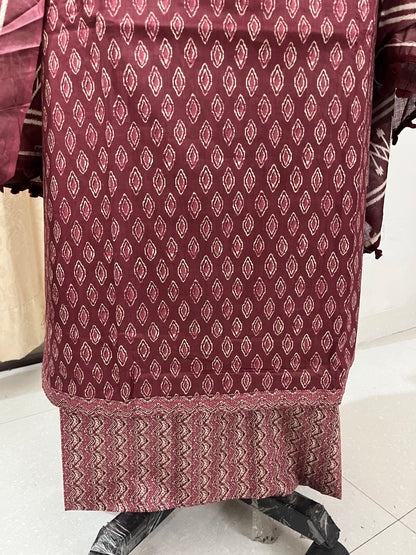 Zevar Pure 100% Cotton Suit Set with Hand Embroidered Neck Patch - Plum Red