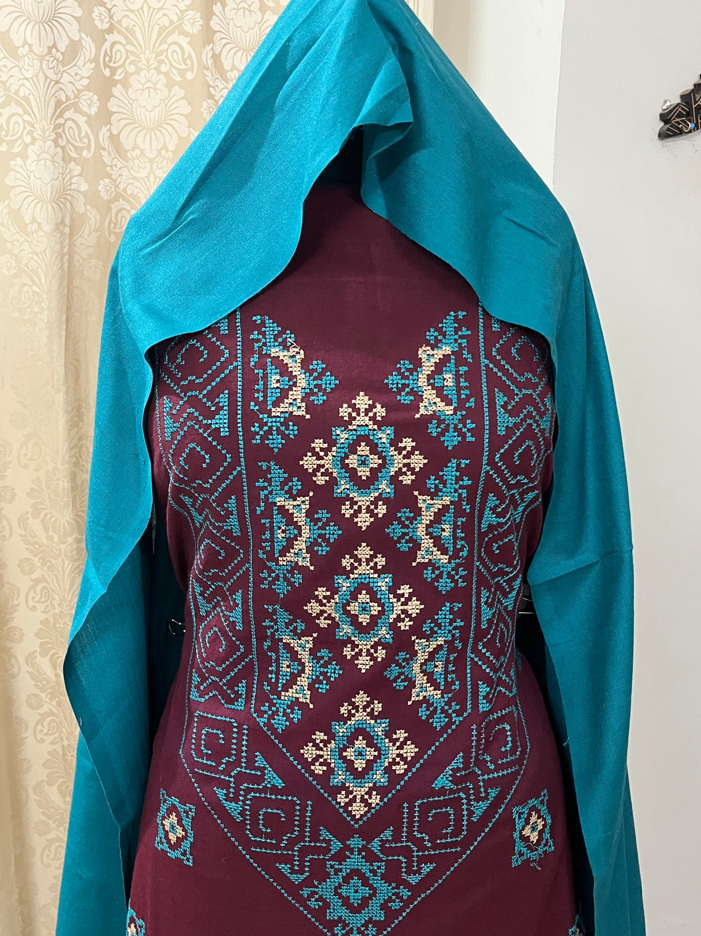 Miras Cross-Stitch  Design Pure Cashmilon Woolen Suit - Brick Red