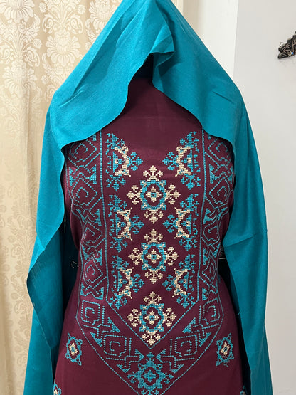 Miras Cross-Stitch  Design Pure Cashmilon Woolen Suit - Brick Red