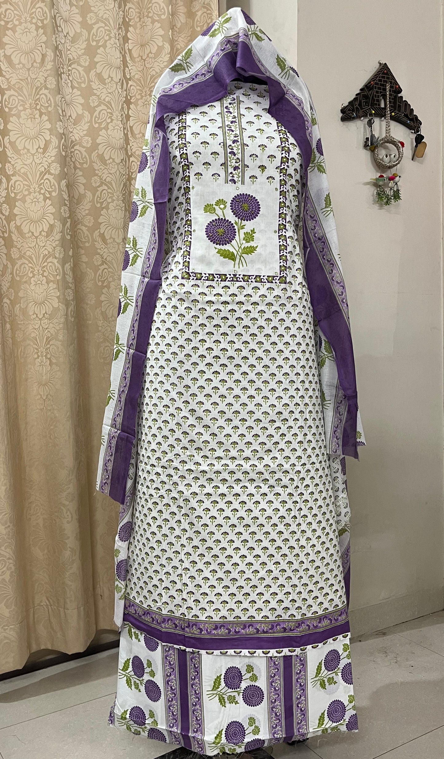 Sajni Pure Cotton Floral Suit Set with Knot & Mirror Work - Purple