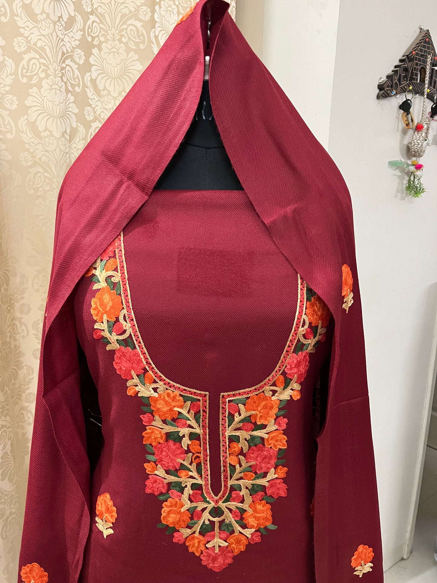 Kashmiri & Aari Embroidery Woolen Suit in Maroon Red