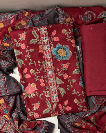 Sindoori Red Pure Spun Woolen Suit with Matching Stole