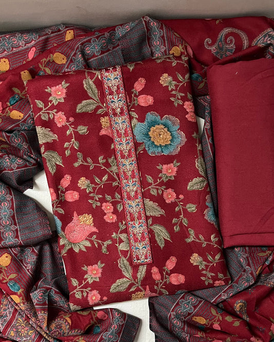 Sindoori Red Pure Spun Woolen Suit with Matching Stole