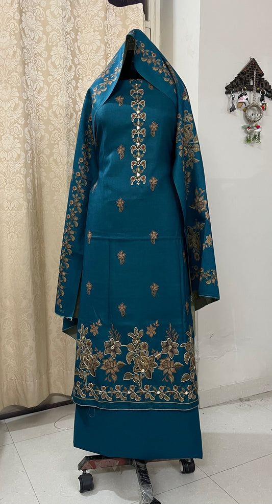 Phool Aari-Work Toosh Pashmina Woolen Suit - Firozi