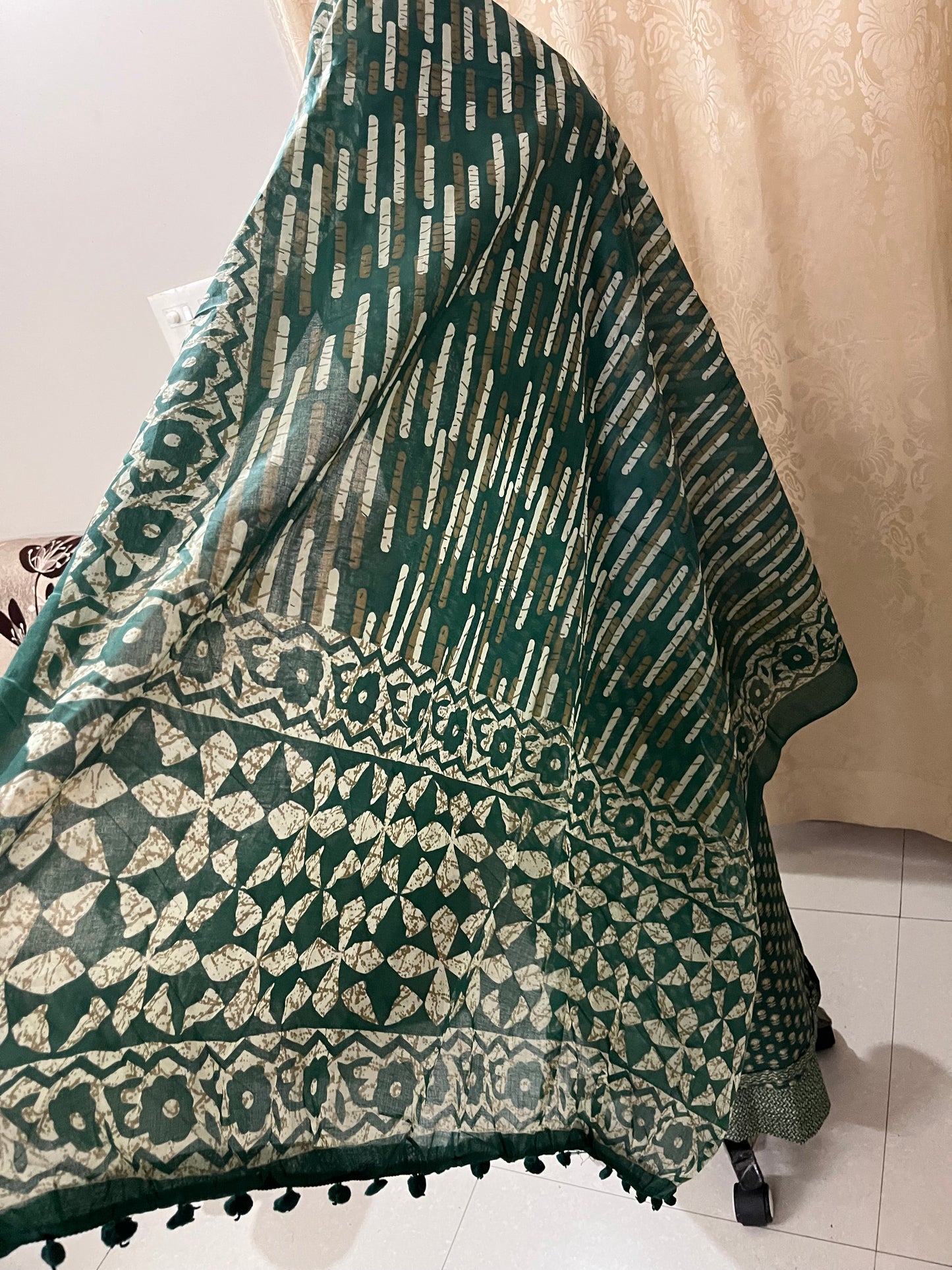 Paalki Pure Cotton Suit Set with Knot & Mirror Work Neck Patch - Bottle Green