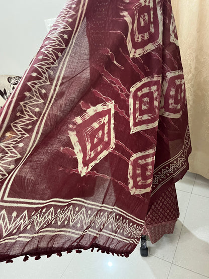 Zevar Pure 100% Cotton Suit Set with Hand Embroidered Neck Patch - Plum Red