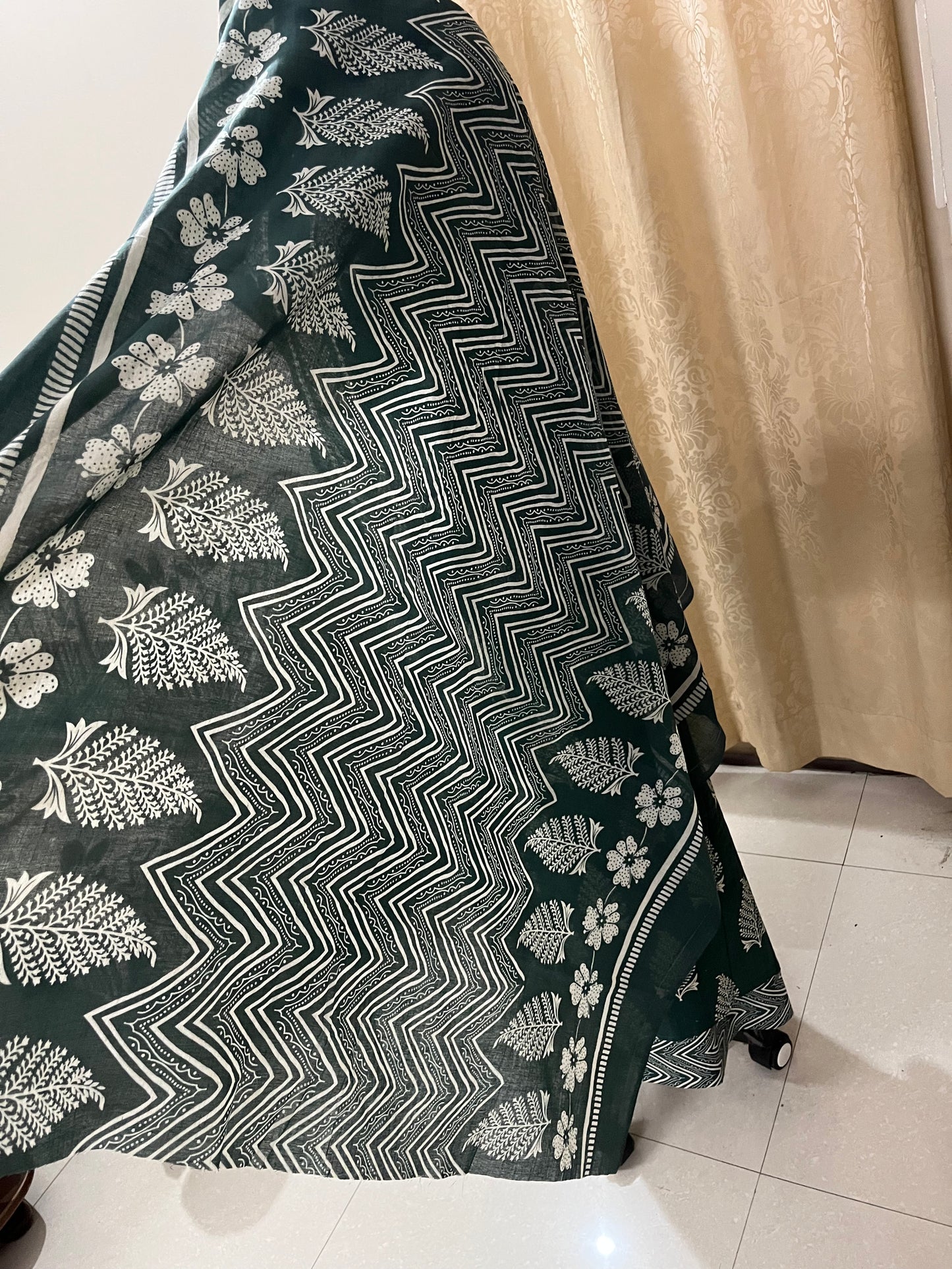 Subah Pure Cotton Suit Set with Sequin Handwork & Lace- Dark Green