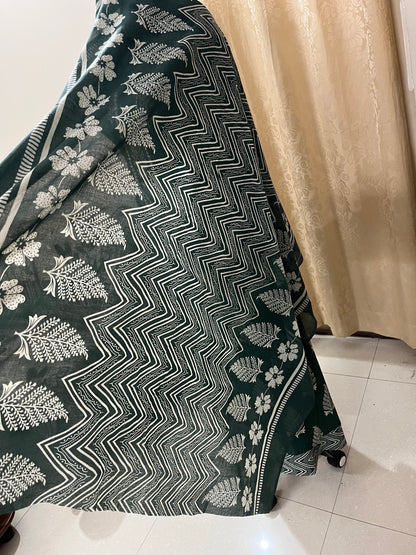 Subah Pure Cotton Suit Set with Sequin Handwork & Lace- Dark Green