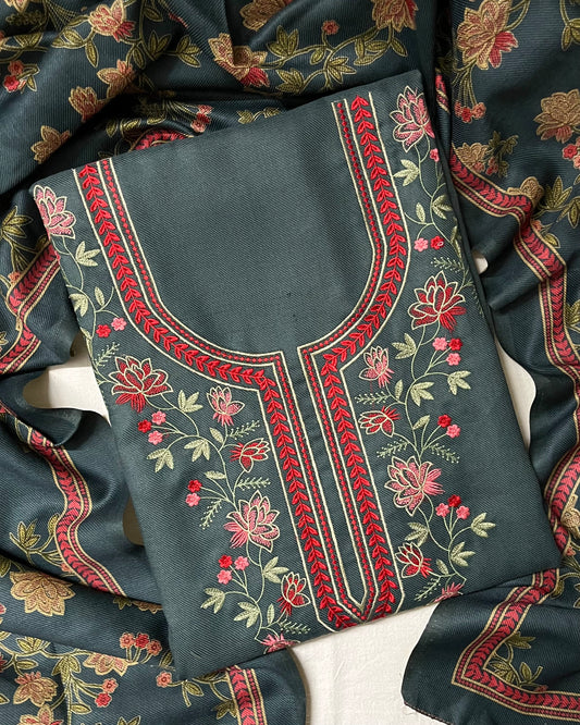 Sajda Pashmina Wool Suit with Boutique-Style Embroidery - Muted Teal