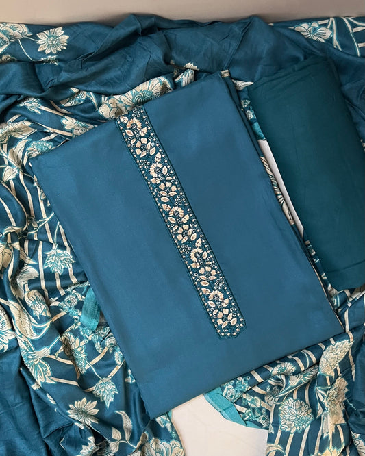 Zaitra Fine Merino Wool Suit with Matching Stole - Teal Blue