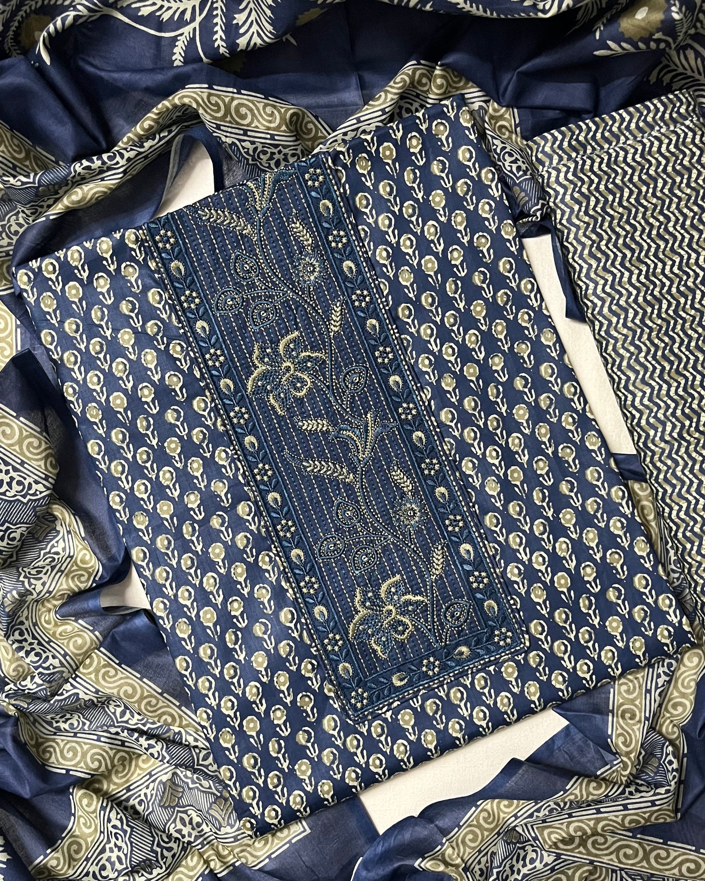 Roop Pure Cotton Suit Set with Embroidered Neck Patch - Navy Blue