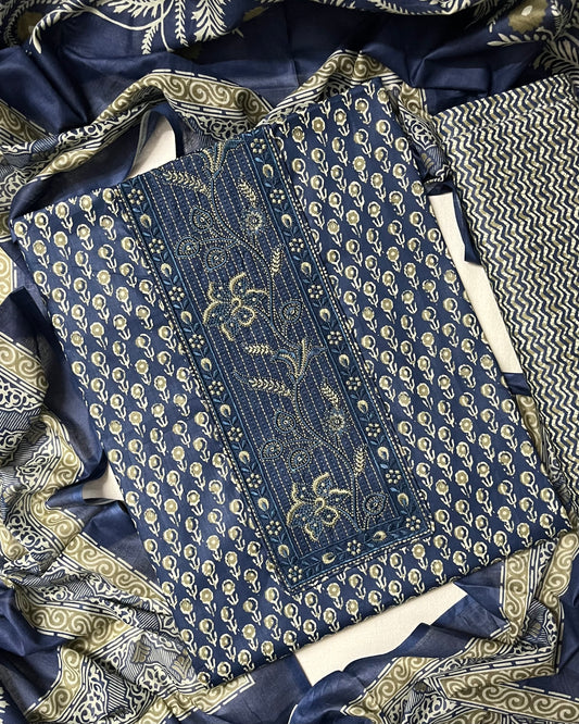 Roop Pure Cotton Suit Set with Embroidered Neck Patch - Navy Blue