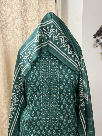 Zevar Pure 100% Cotton Suit Set with Hand Embroidered Neck Patch -Bottle Green