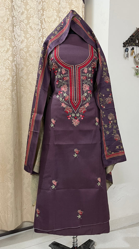 Sajda Pashmina Wool Suit with Boutique-Style Embroidery - Mauve