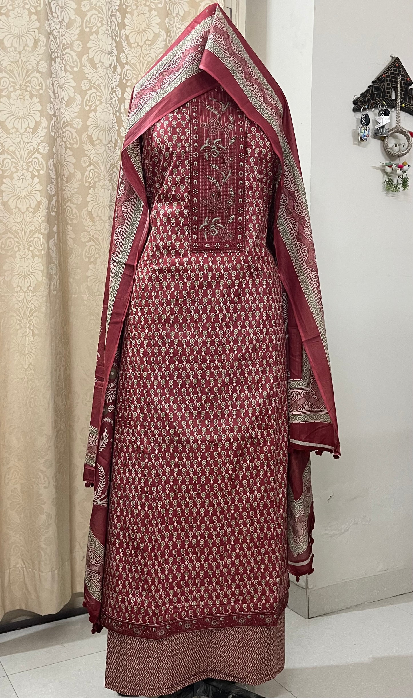 Roop Pure Cotton Suit Set with Embroidered Neck Patch - Brick Red