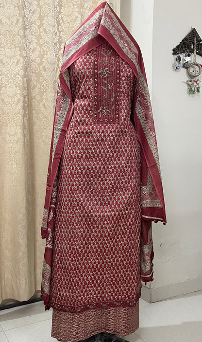 Roop Pure Cotton Suit Set with Embroidered Neck Patch - Brick Red