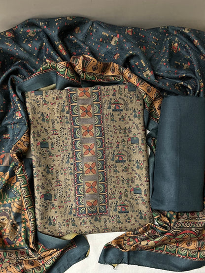Noorvi Warli Print Woolen Suit with Floral Neck Patti & Printed Stole - Steel Blue