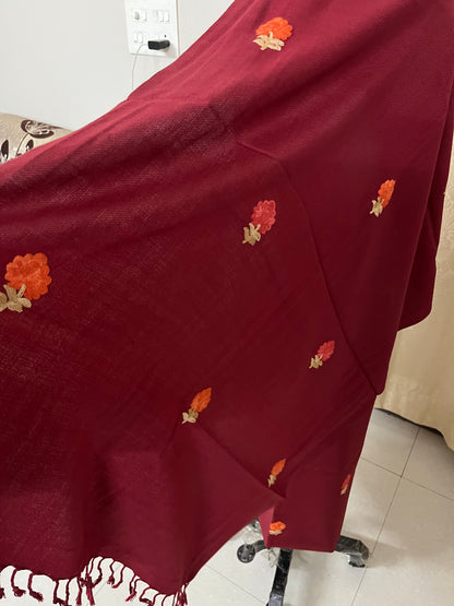 Kashmiri & Aari Embroidery Woolen Suit in Maroon Red