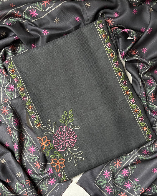 Riwaaz Pashmina Wool Suit with Panel-Style Embroidery - Charcoal Grey