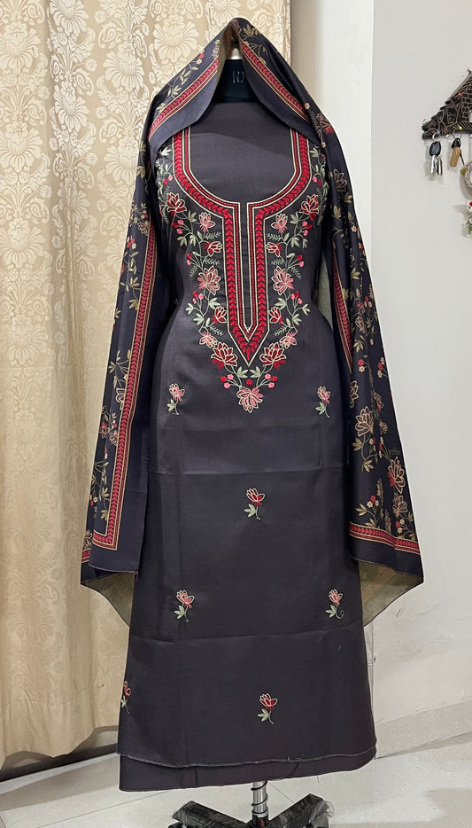 Sajda Pashmina Wool Suit with Boutique-Style Embroidery - Ash Plum