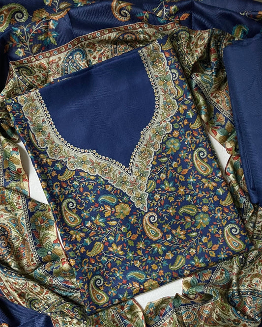 Tehzeeb Soft Pashmina Woolen Suit with Kani Print & Matching Stole - Navy Blue