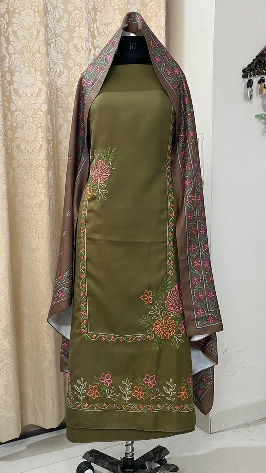 Riwaaz Pashmina Wool Suit with Boutique-Style Embroidery - Olive Green