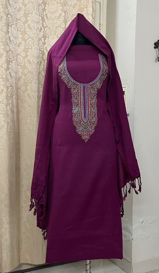 Ghazal Cashmilon Winter Suit with Embroidery & Matching Stole - Purple