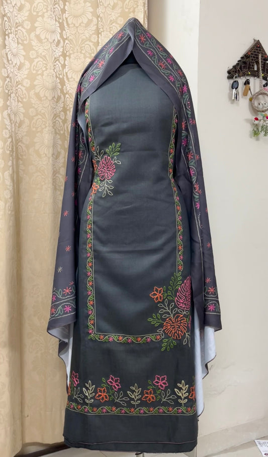 Riwaaz Pashmina Wool Suit with Panel-Style Embroidery - Charcoal Grey