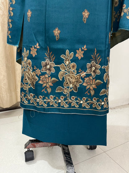 Phool Aari-Work Toosh Pashmina Woolen Suit - Firozi