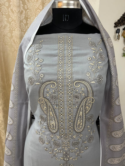Zoya Pashmina Wool Suit with Boutique-Style Embroidery - Pastel Grey