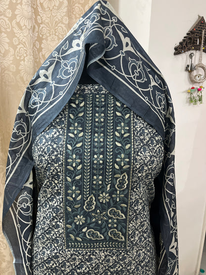 Sukoon Pure Cotton Suit Set with Embroidered Neck Patch - Steel Blue