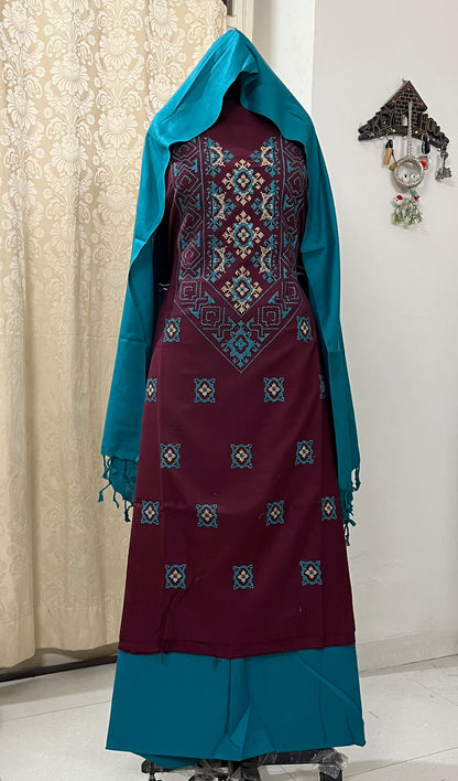 Miras Cross-Stitch  Design Pure Cashmilon Woolen Suit - Brick Red