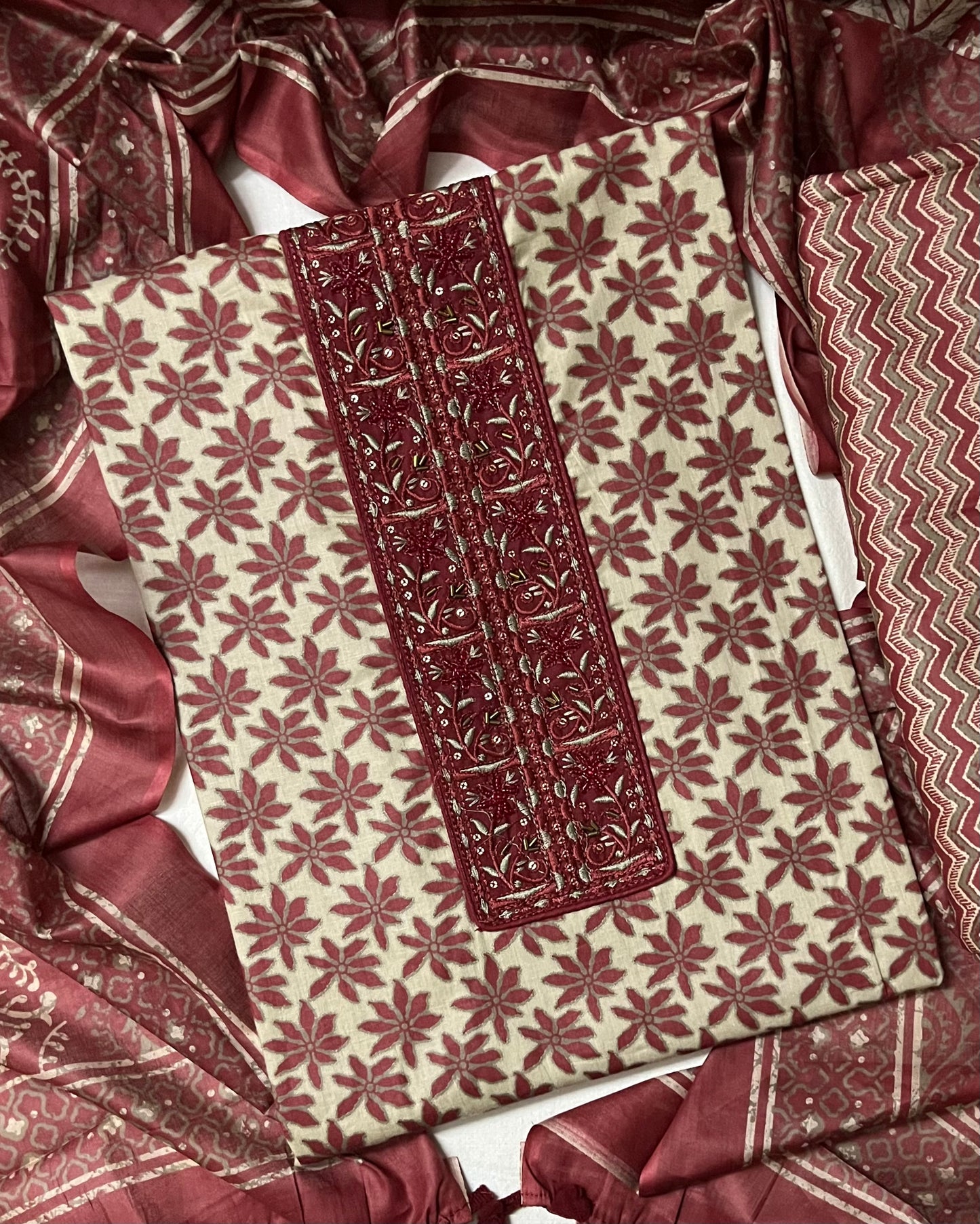 Nagma Pure Cotton Suit Set with Hand Embroidered Neck Patch - Rustic Red