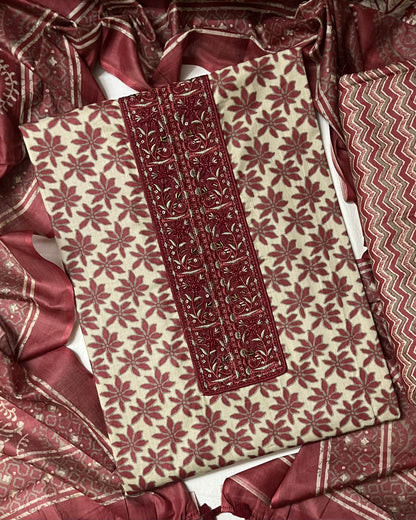 Nagma Pure Cotton Suit Set with Hand Embroidered Neck Patch - Rustic Red