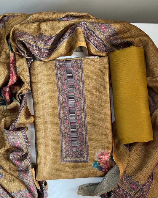 Aangan Pashmina Woolen Suit with Digital Floral Print - Mustard