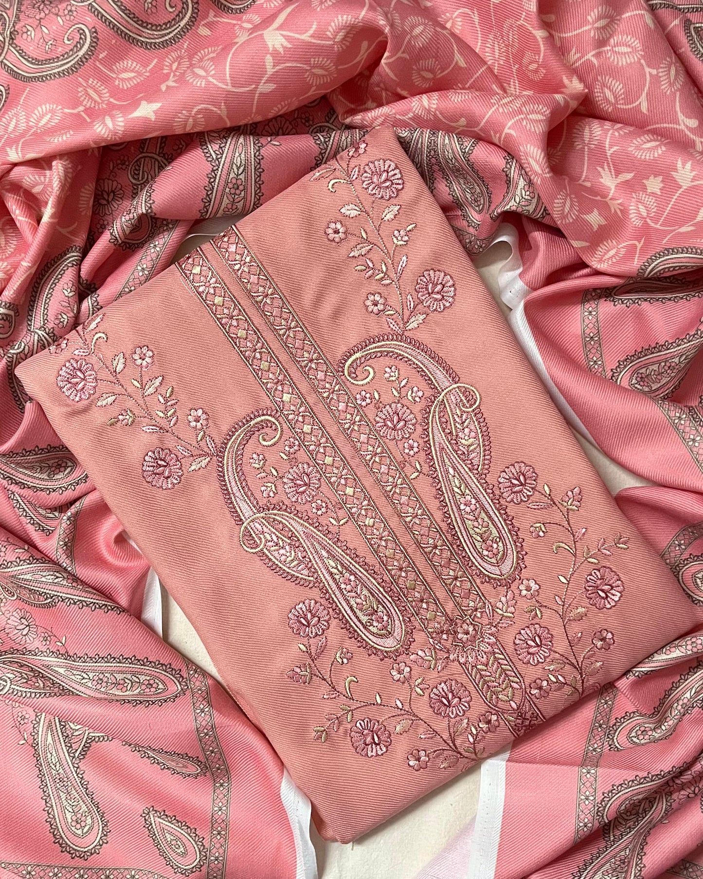 Zoya Pashmina Wool Suit with Boutique-Style Embroidery - Pastel Pink