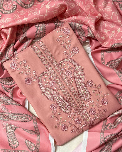 Zoya Pashmina Wool Suit with Boutique-Style Embroidery - Pastel Pink