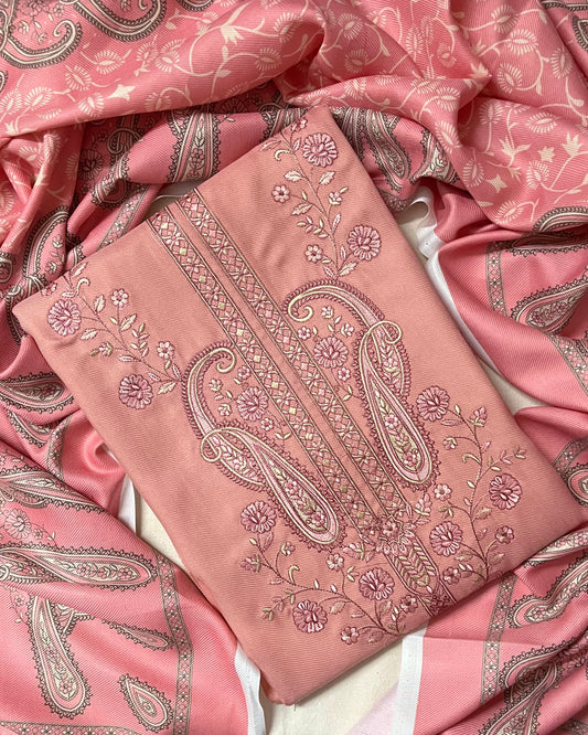 Zoya Pashmina Wool Suit with Boutique-Style Embroidery - Pastel Pink