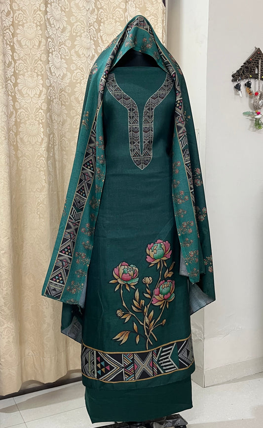 Woolen Suit with Digital Floral Print & Matching Stole - Peacock Green