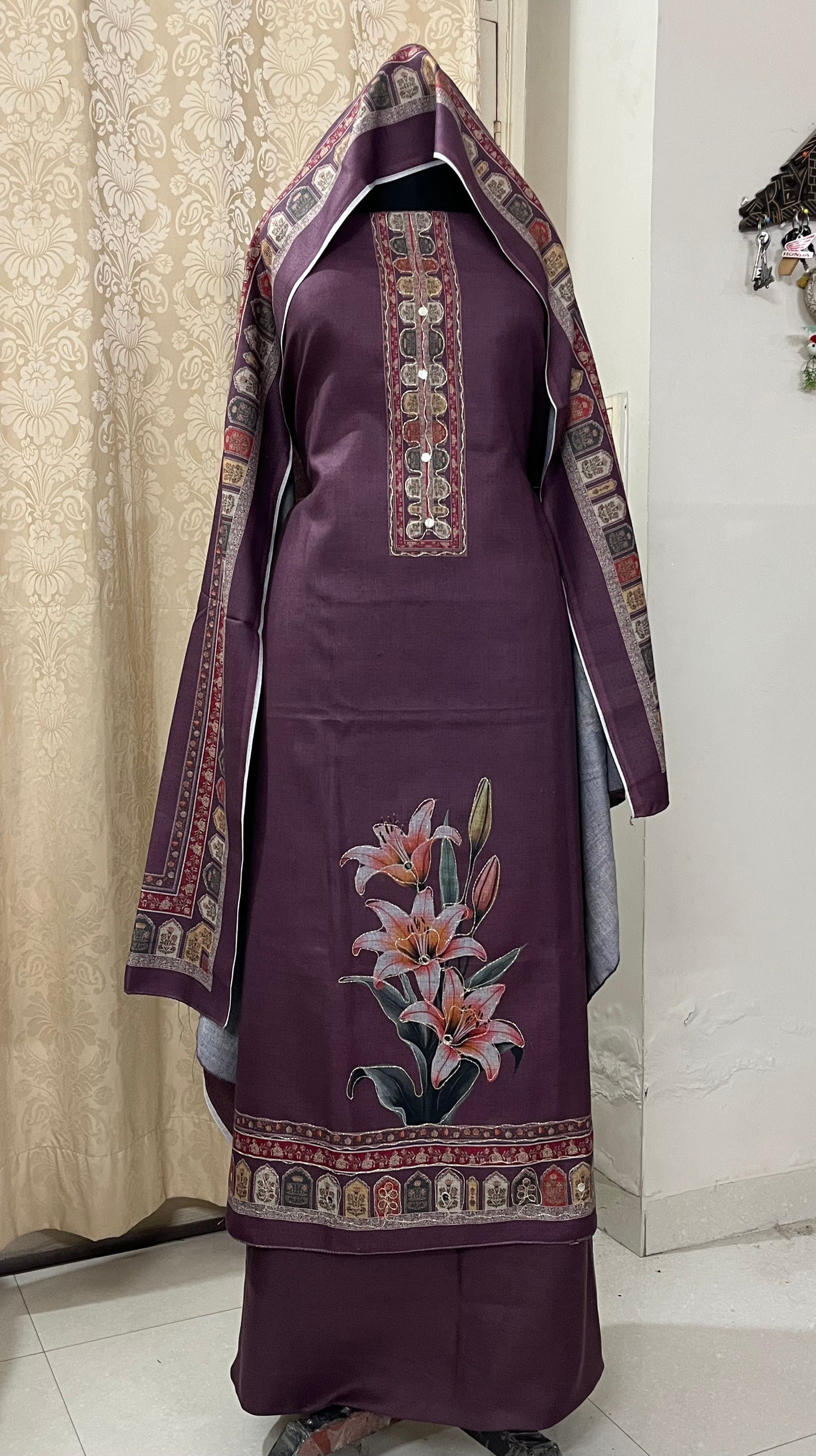 Zaara Aari-Work Toosh Pashmina Woolen Suit - Violet