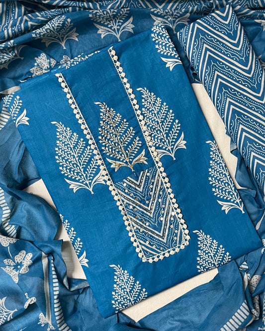 Subah Pure Cotton Suit Set with Sequin Handwork & Lace- Firozi