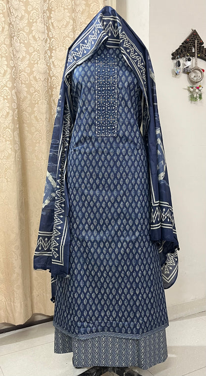 Zevar Pure 100% Cotton Suit Set with Hand Embroidered Neck Patch - Imperial Blue