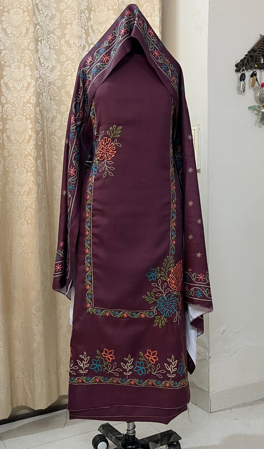 Riwaaz Pashmina Wool Suit with Panel-Style Embroidery - Wine