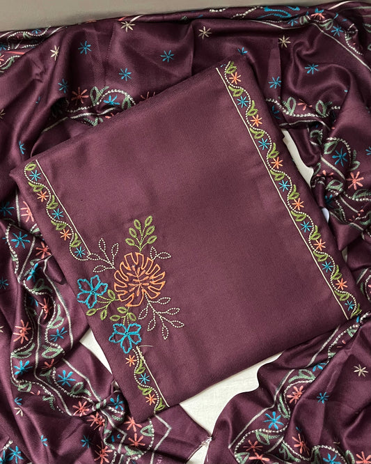 Riwaaz Pashmina Wool Suit with Panel-Style Embroidery - Wine
