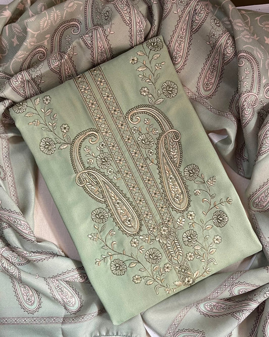 Zoya Pashmina Wool Suit with Boutique-Style Embroidery - Pistachio Green