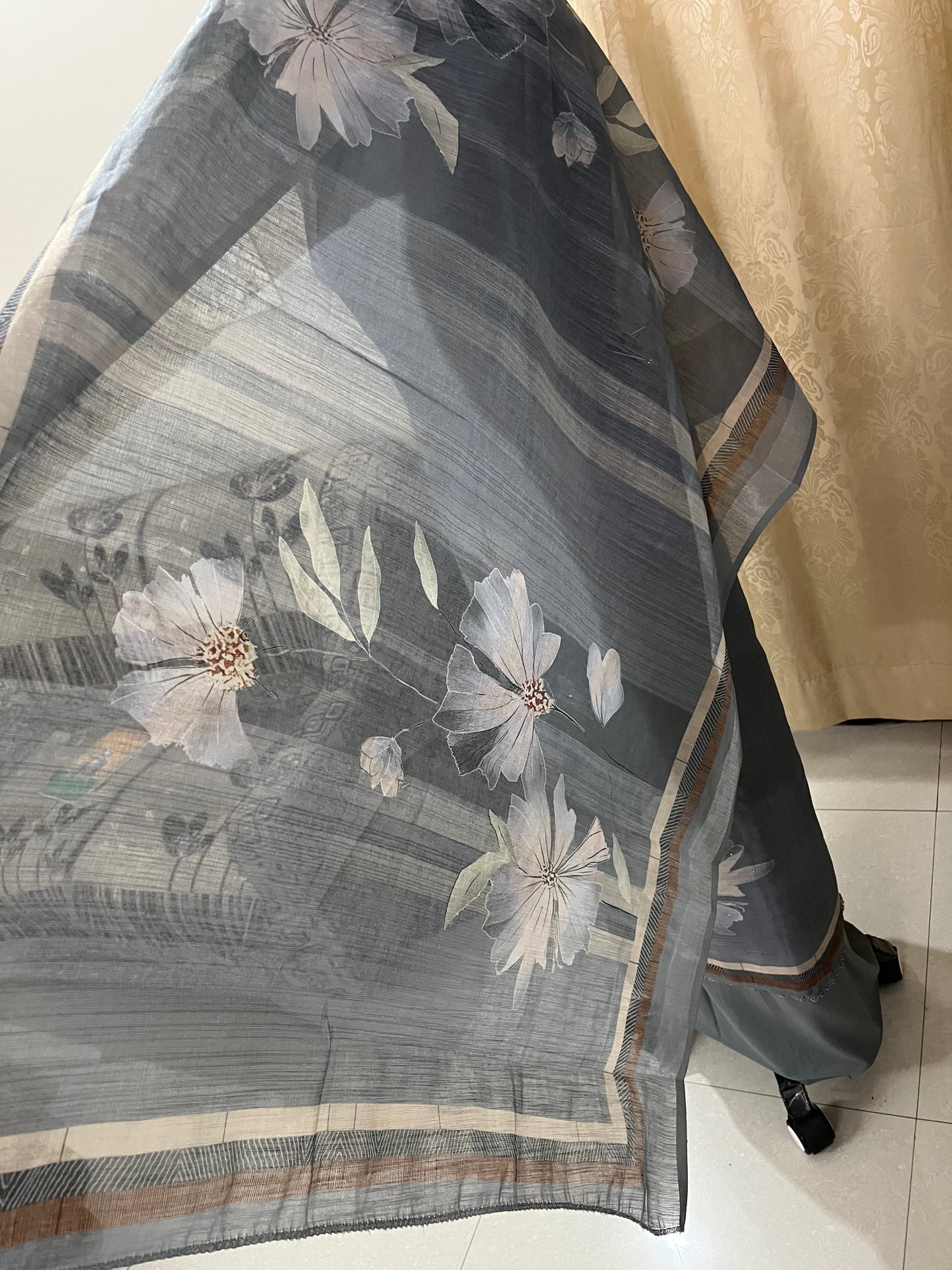 Hastkala Premium Linen Summer Floral Suit with Handwork - Pearl Grey